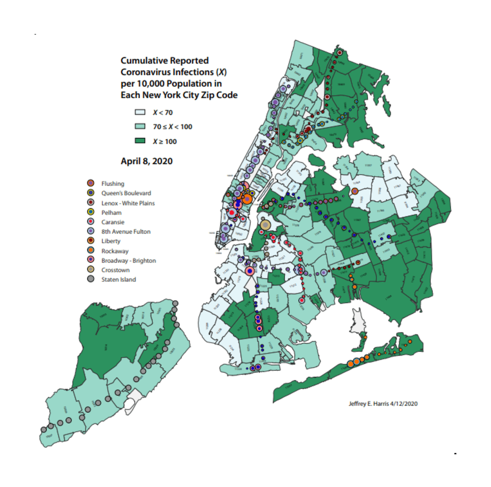 Cumulative Reported Coronavirus Infections (X) per 10,000 Population in Each New York City Zip Code - Jeffery E. Harris 4/12/2020
