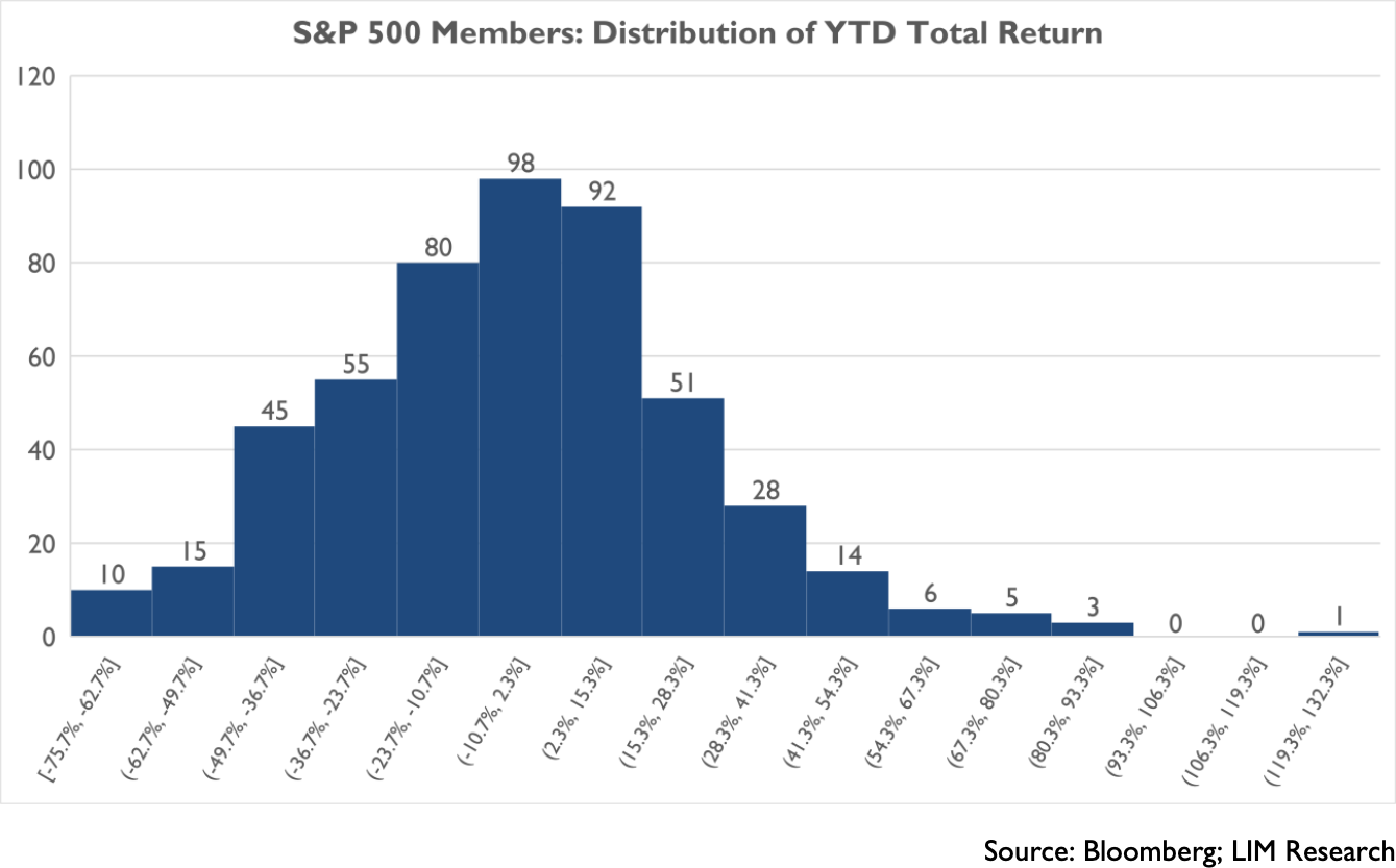 Chart - S&P 500 Members: Distribution of YTD Total Return - Source: Bloomberg; LIM Research